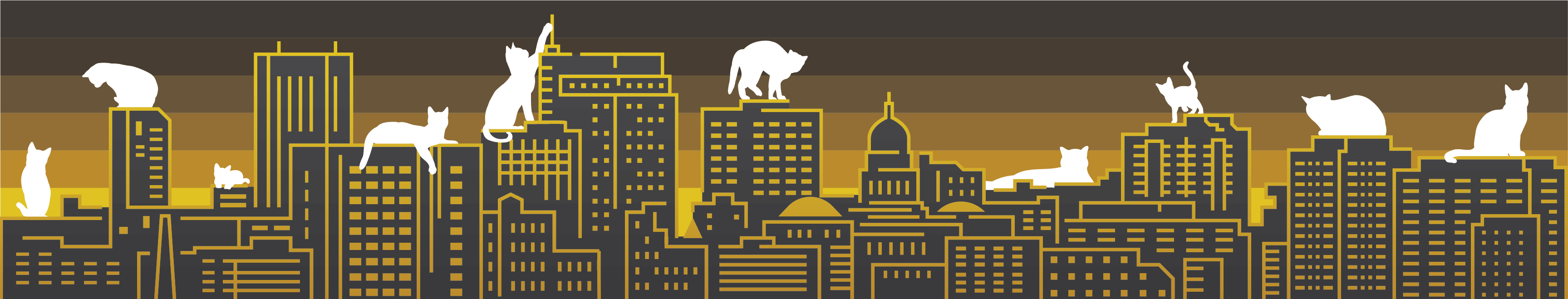 Illustration of cat silhouettes sitting and climbing on a cityscape at night